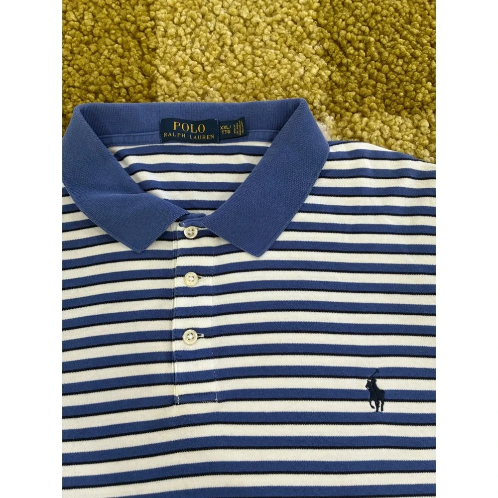 Polo Ralph Lauren Mens XXL Blue White Striped Short Sleeve Cotton Polo Shirt